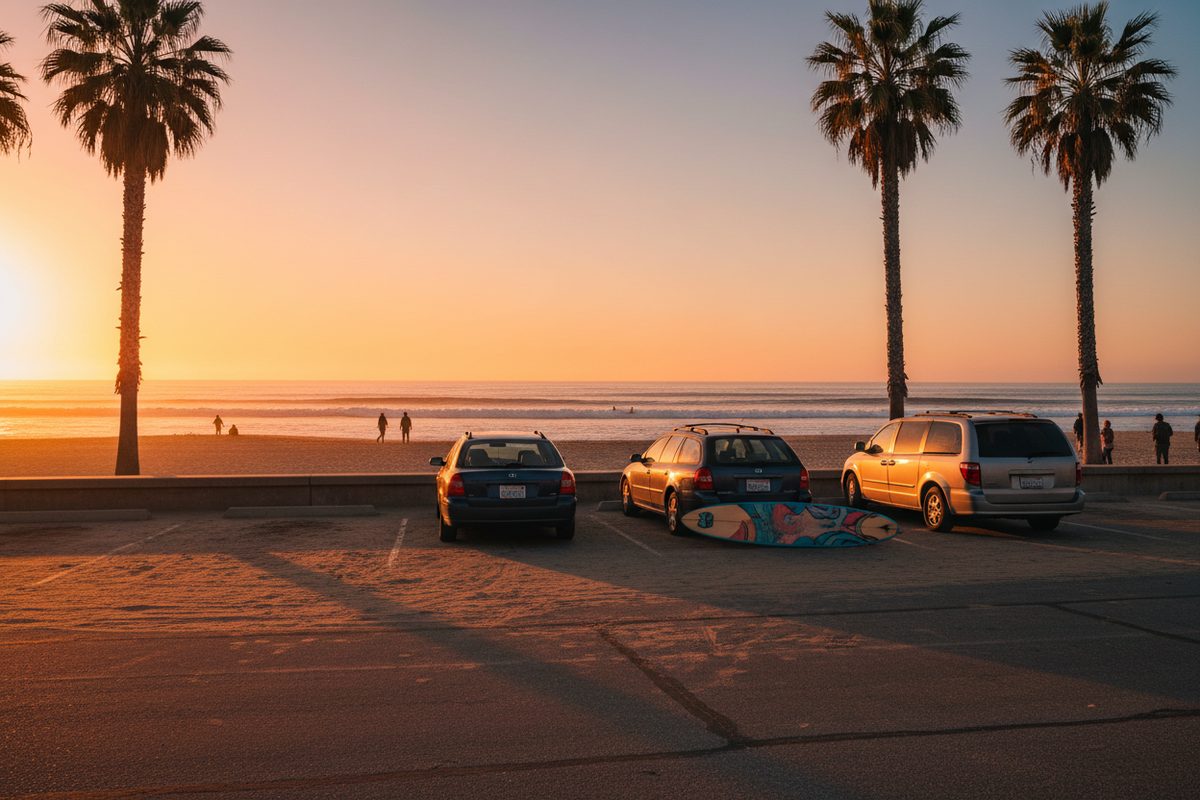 Cars parked facing the ocean in a sandy San Diego beach lot at sunset
