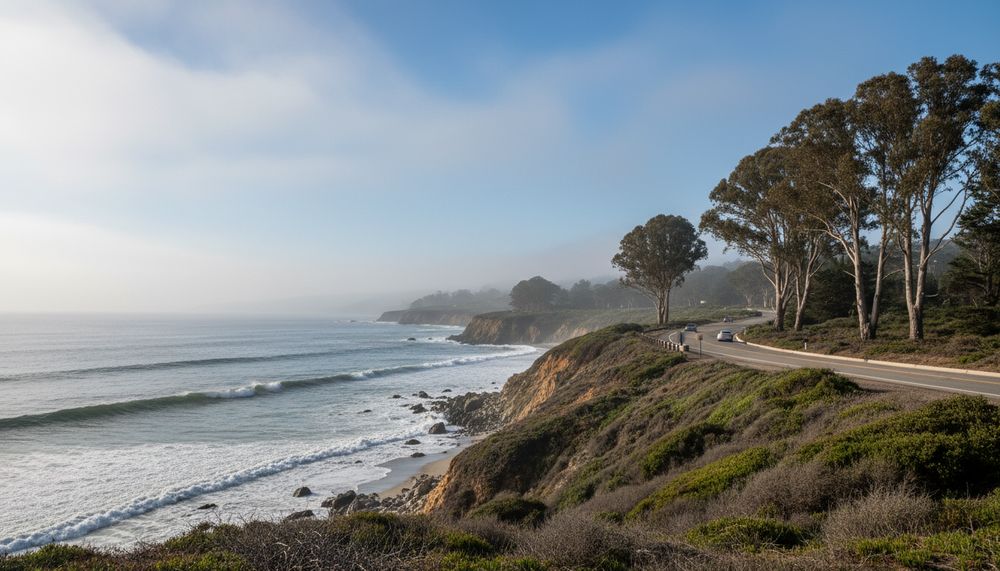 A two-lane coast highway curving above the ocean along the North County bluffs on a clear morning