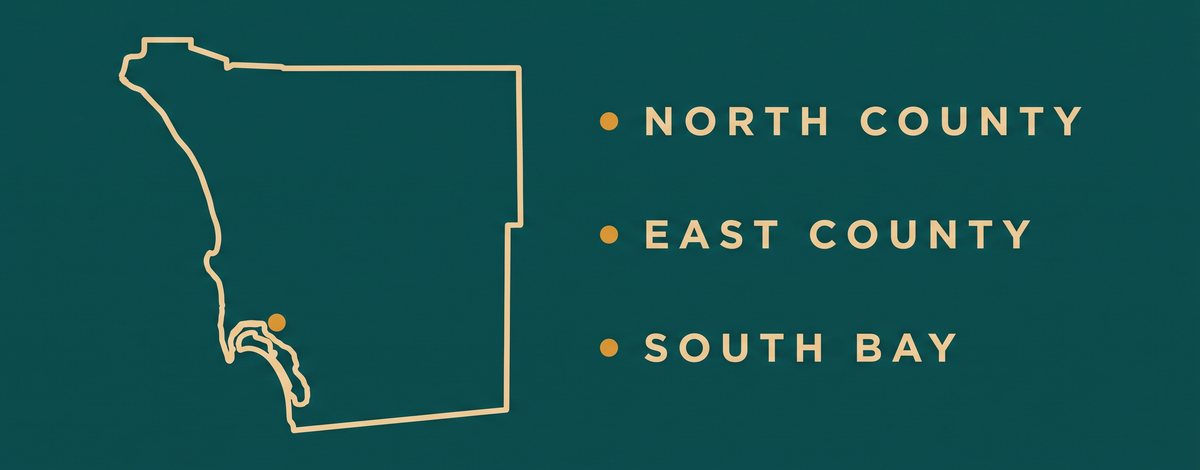 Outline map of San Diego County labelled North County, East County and South Bay