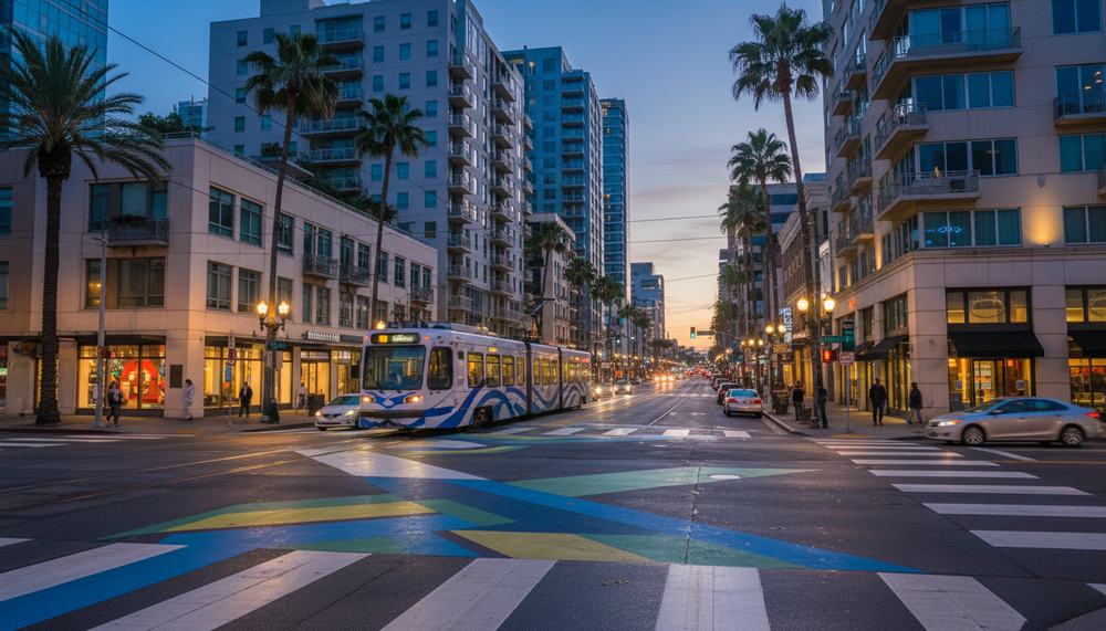 A trolley crossing a downtown San Diego intersection in the early evening