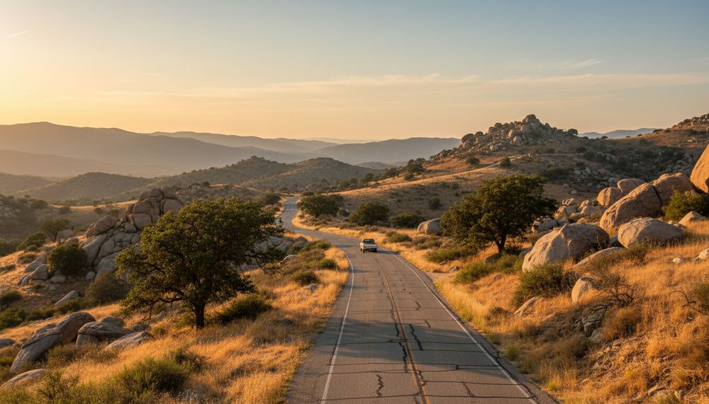 A quiet two-lane back country road winding through golden chaparral hills and boulders in East County