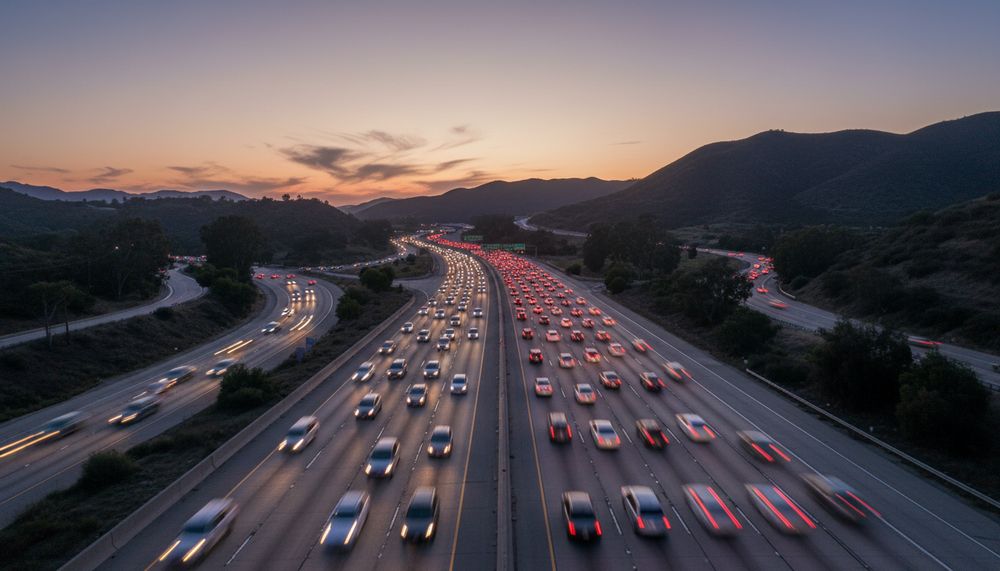 A wide Southern California freeway carrying traffic at dusk