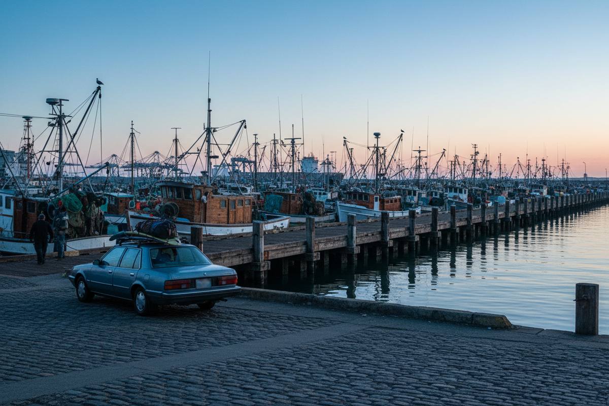 A San Diego harbor at first light with moored boats and a car parked on the quay