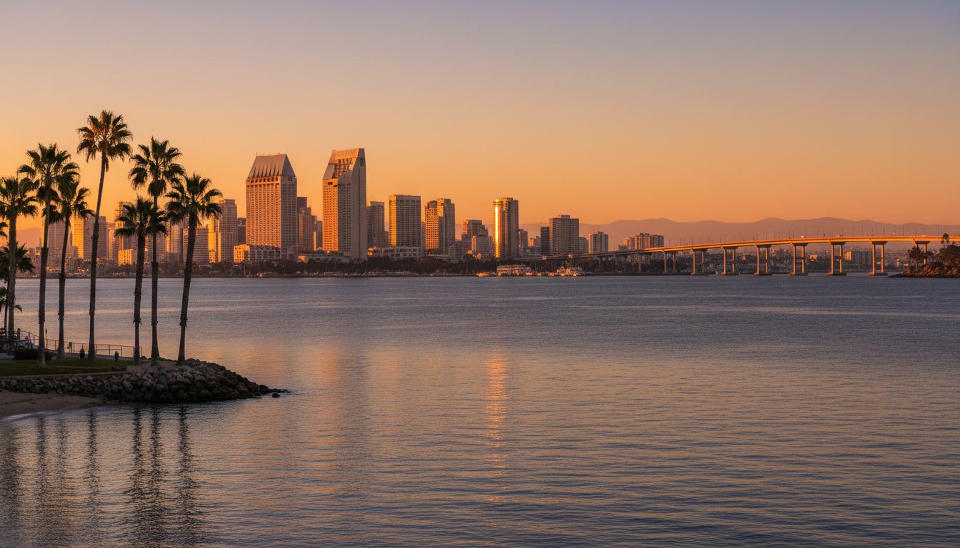 The downtown San Diego skyline at sunset seen across San Diego Bay, with the Coronado Bridge curving in from the right