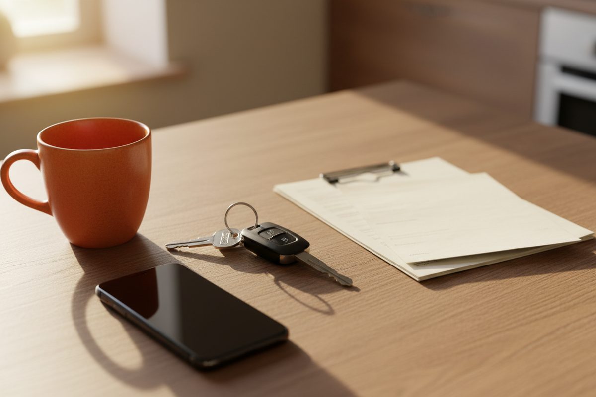 Car keys and a folded stack of vehicle paperwork on a sunlit kitchen table