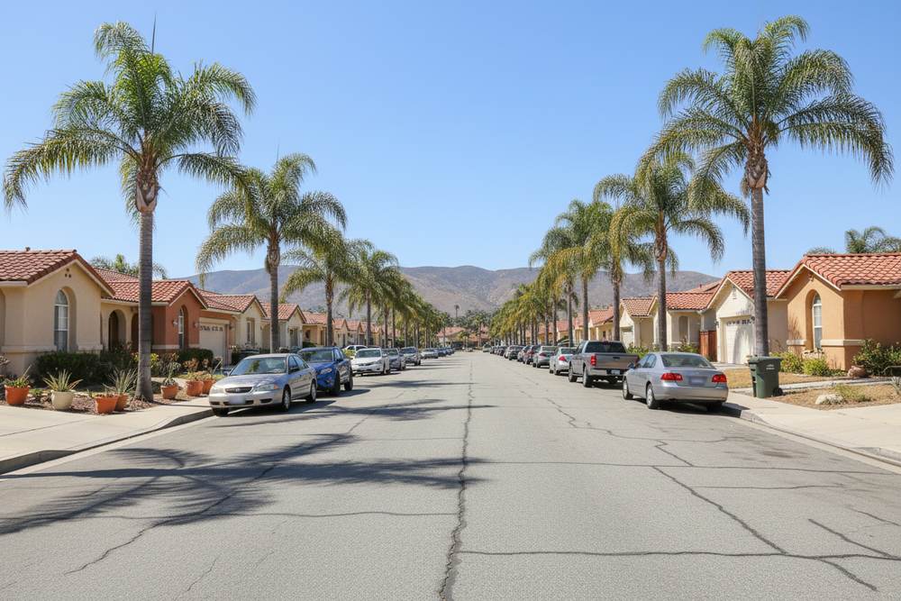 A San Diego residential street of stucco homes and palm trees with cars parked at the curb