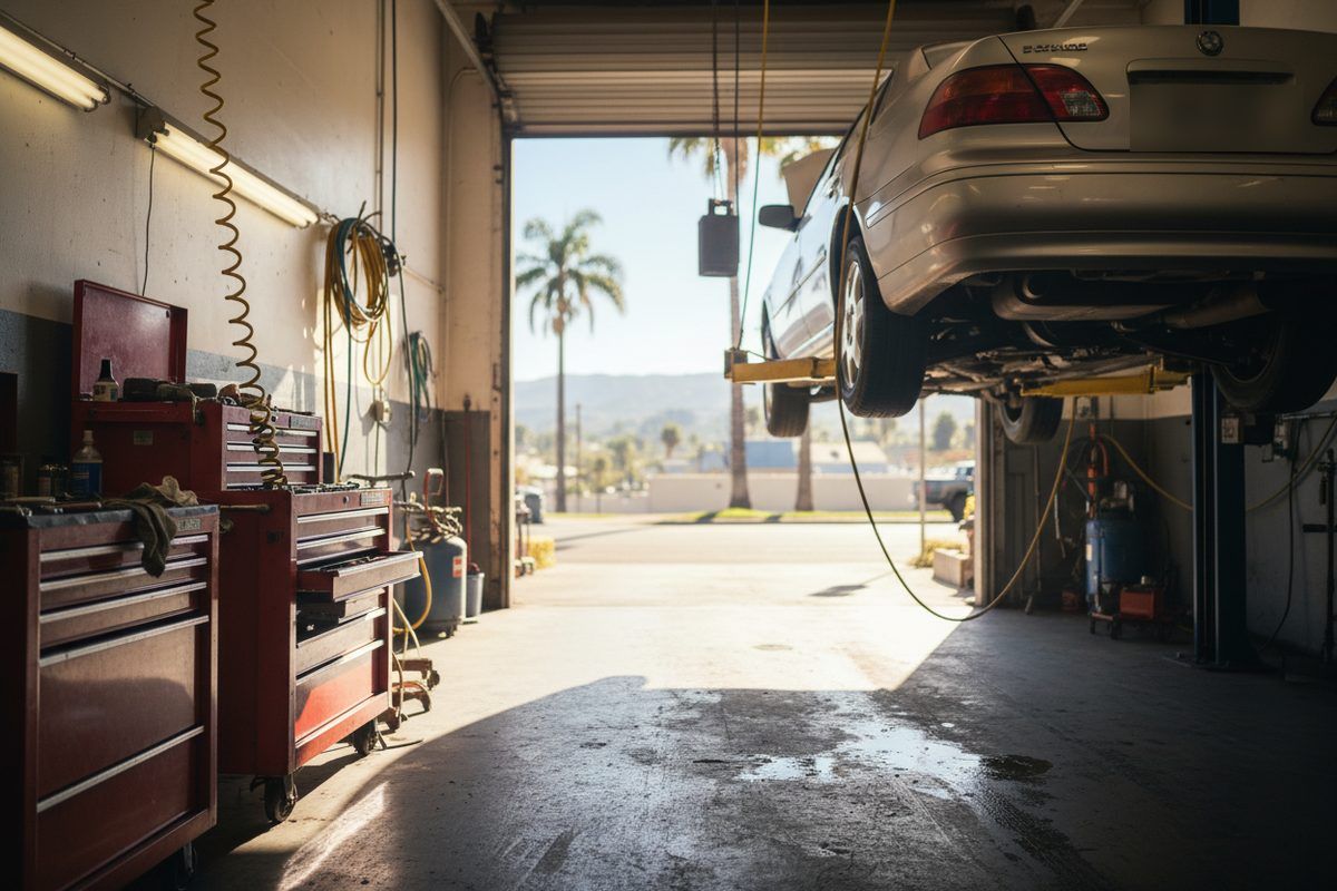 A car raised on a lift inside a small independent San Diego repair shop